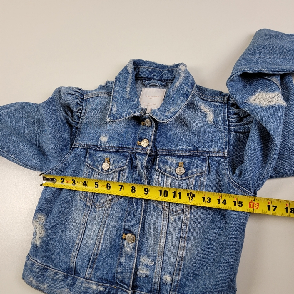 Zara Light Blue Distressed Puff-Shoulder Cropped Jean Jacket - Picture 8 of 12